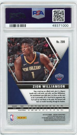 2019-20 Mosaic Zion Williamson RC #209 PSA 10 GEM Mint Pelicans Rookie Card