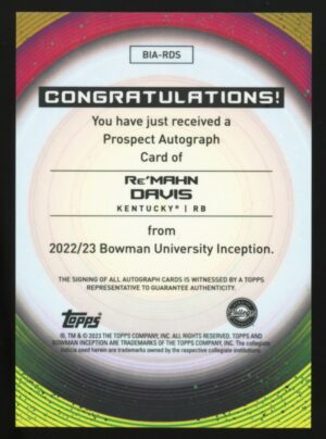 2022-23 Topps Bowman Inception Re'Mahn Davis Initiation Auto Kentucky BIA-RDS /50