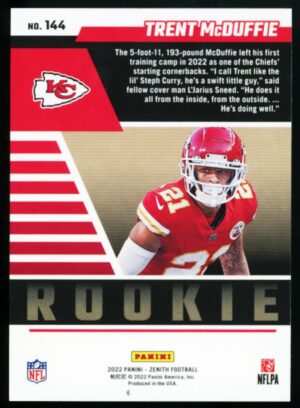 2022 PANINI ZENITH FOOTBALL TRENT McDUFFIE #144 BASE RC KANSAS CITY CHIEFS