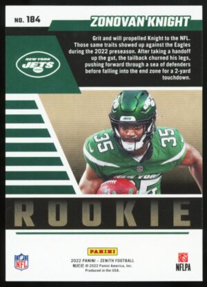 2022 Panini Zenith Zonovan Knight Rookie New York Jets Football Card #184