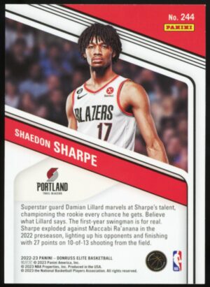 2022-23 Panini Donruss Elite Shaedon Sharpe #244 Base Rookie RC Portland Trail Blazers