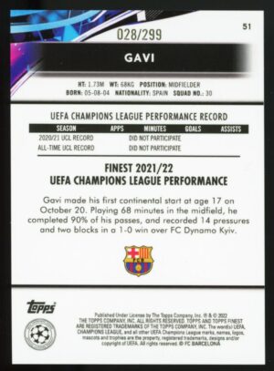 2021-22 Topps Finest UCL Purple Refractor /299 Gavi #51 Rookie RC