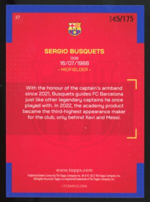 2023 Topps Barcelona Official Team Set Sergio Busquets #37 BLAUGRANA /175