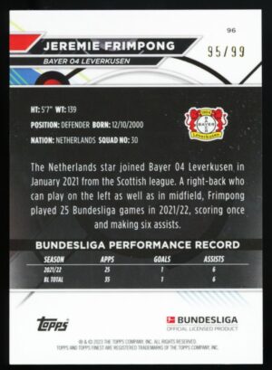 2022-23 Topps Finest Bundesliga Jeremie Frimpong #96 Green Wave Refractor /99