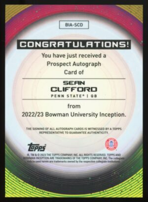 2022-23 Bowman Inception University Auto Sean Clifford #BIA-SCD Auto