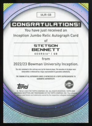 2022-23 Bowman Inception University Stetson Bennett Prospect Jersey Auto 001/199 #IAJR-SB