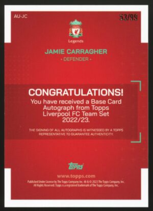 2022-23 Topps Liverpool FC Team Set Pink /99 Jamie Carragher #AU-JC Auto