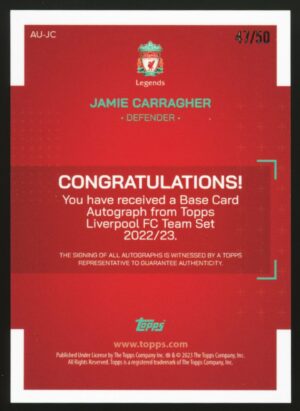 2022-23 Topps Liverpool FC Team Set Yellow /50 Jamie Carragher #AU-JC Auto