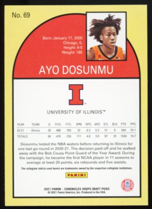 2021 Panini Chronicles Hoops Draft Picks Tribute Ayo Dosunmu Bulls RC Card #69