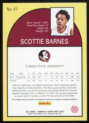 2021 Panini Chronicles Hoops Draft Picks Tribute Scottie Barnes #57 RC