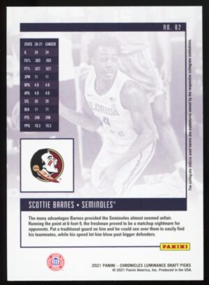 2021 Panini Chronicles Luminance Draft Pick Scottie Barnes #82 Rookie