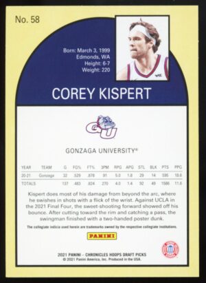 2021 Panini Chronicles Draft Picks Corey Kispert #58 Tribute Rookie