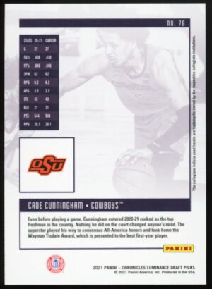 2021-22 Chronicles Draft Picks Luminance Cade Cunningham #76 Rookie
