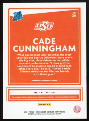 2021 Chronicles Draft Picks Cade Cunningham #26 Rated Rookie