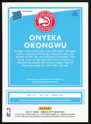 2020 Donruss Optic Rated Rookie Purple Prizm Onyeka Okongwu #156 ON CARD AUTO Rookie