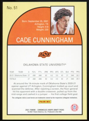 2021-22 Panini Chronicles Draft Picks Tribute Cade Cunningham #51 Rookie